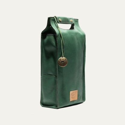 Double Leather Wine Case green leather wine carrier with Will Leather Goods tag on Tampa Home & Garden Store