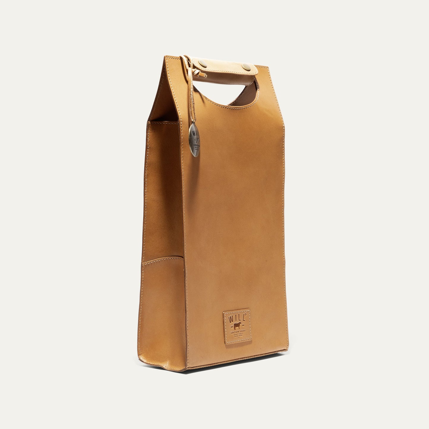 Will Leather Goods Double Leather Wine Case in tan leather with top handle and stitched edges on Tampa Home & Garden Store