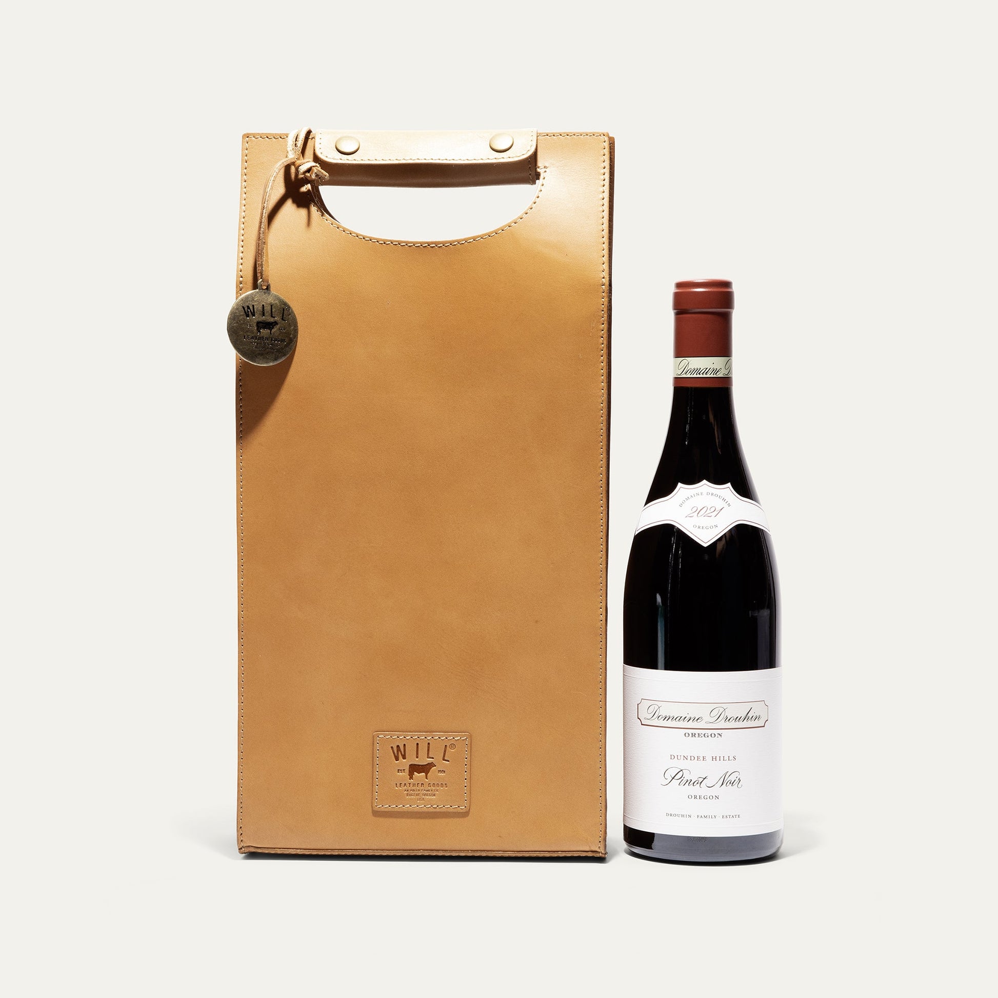 Double Leather Wine Case by Will Leather Goods in tan leather with metal snap tag, 1 wine bottle on Tampa Home & Garden Store