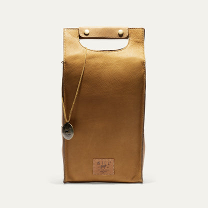 Double Leather Wine Case tan leather wine bag by Will Leather Goods with top handle on Tampa Home & Garden Store