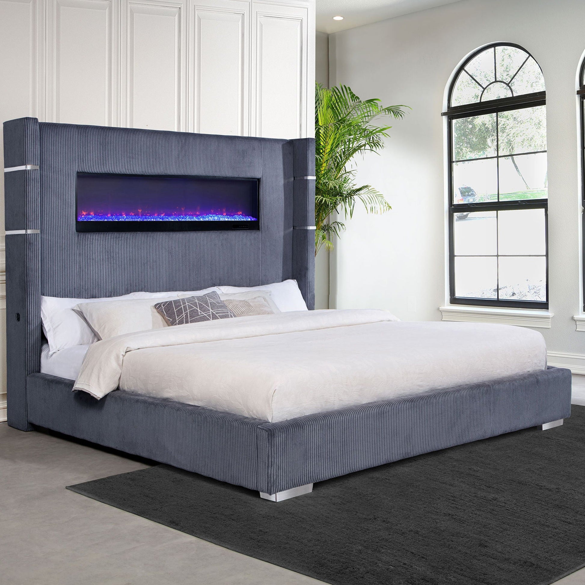 Judah Flame Visualizer Bed, navy ribbed upholstered bed with built-in electric fireplace on Tampa Home & Garden Store