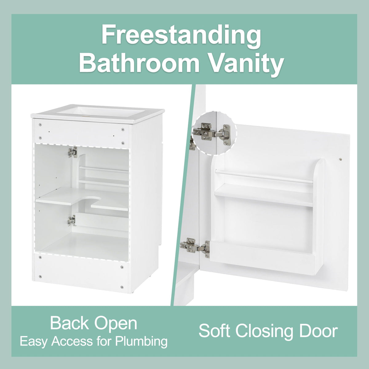 Bathroom Vanity with Sink and Adjustable Shelf, white finish, HouseOfZazla vanity shown in views on Tampa Home & Garden Store