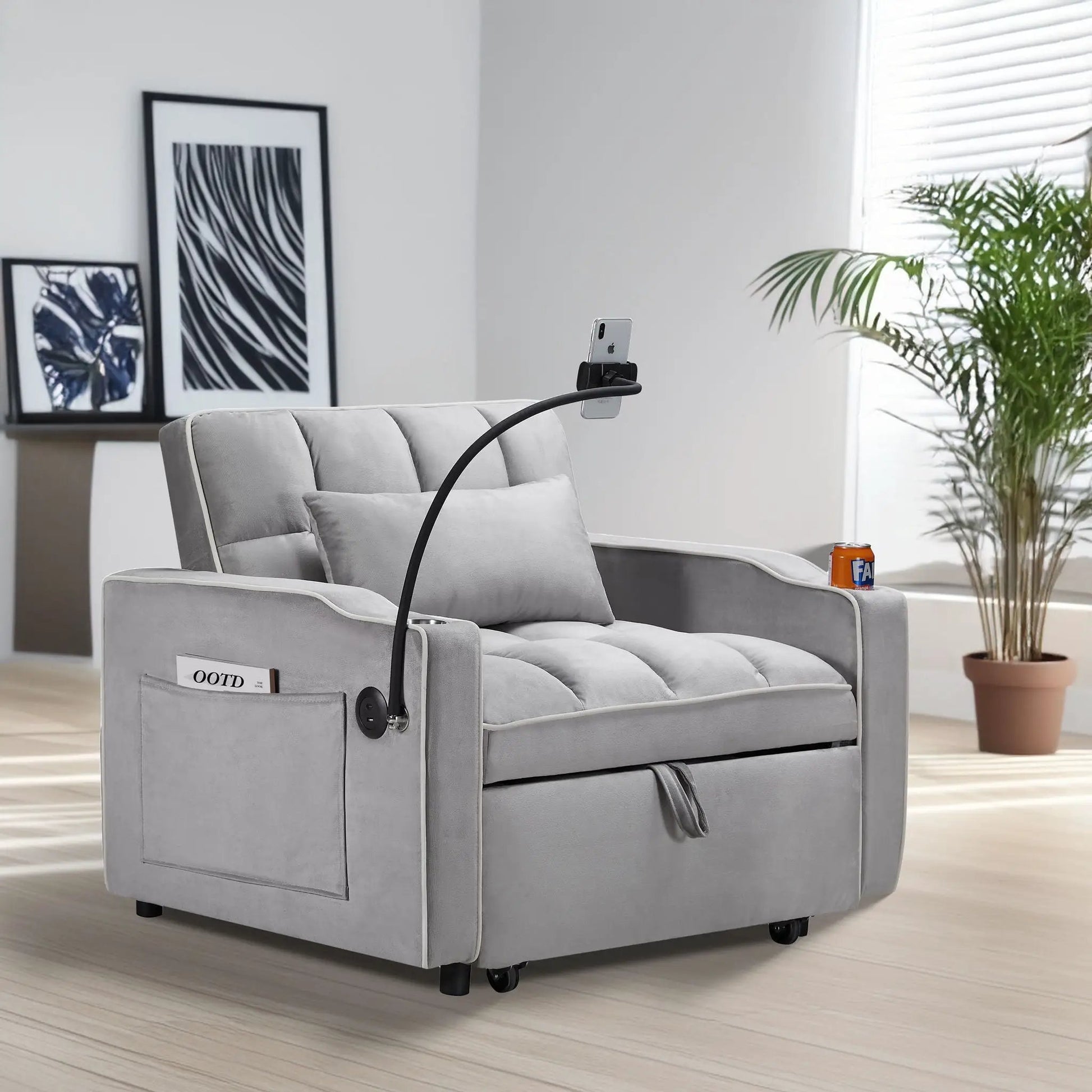 Grey 3-in-1 convertible sleeper chair sofa bed with side pocket by Unique Piece Furniture on Tampa Home & Garden Store