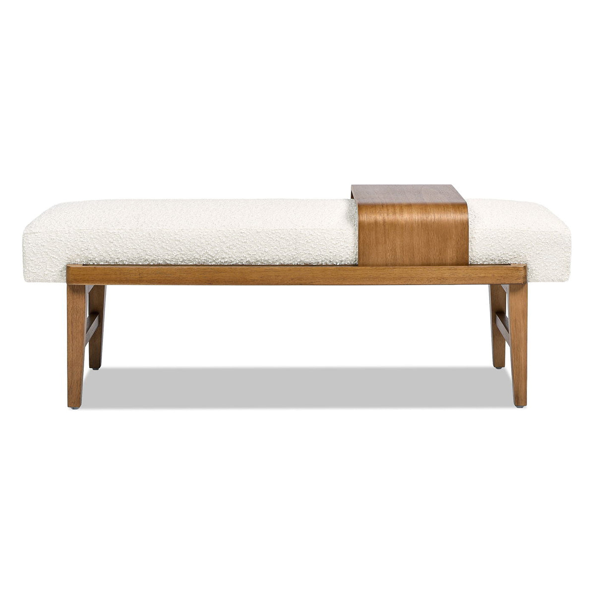 Ivory white upholstered modern telephone bench with sliding wood shelf and warm oak frame on Tampa Home & Garden Store