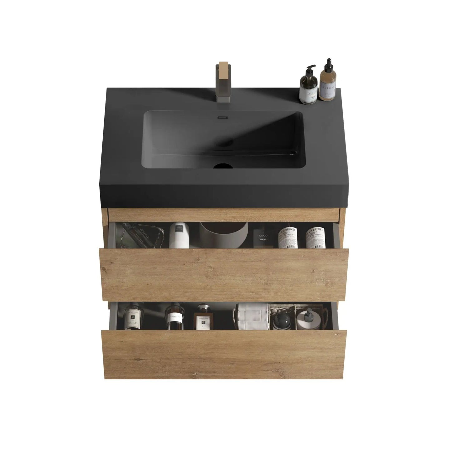 Alice natural oak wall-mounted vanity with black top and integrated sink, large storage drawers on Tampa Home & Garden Store
