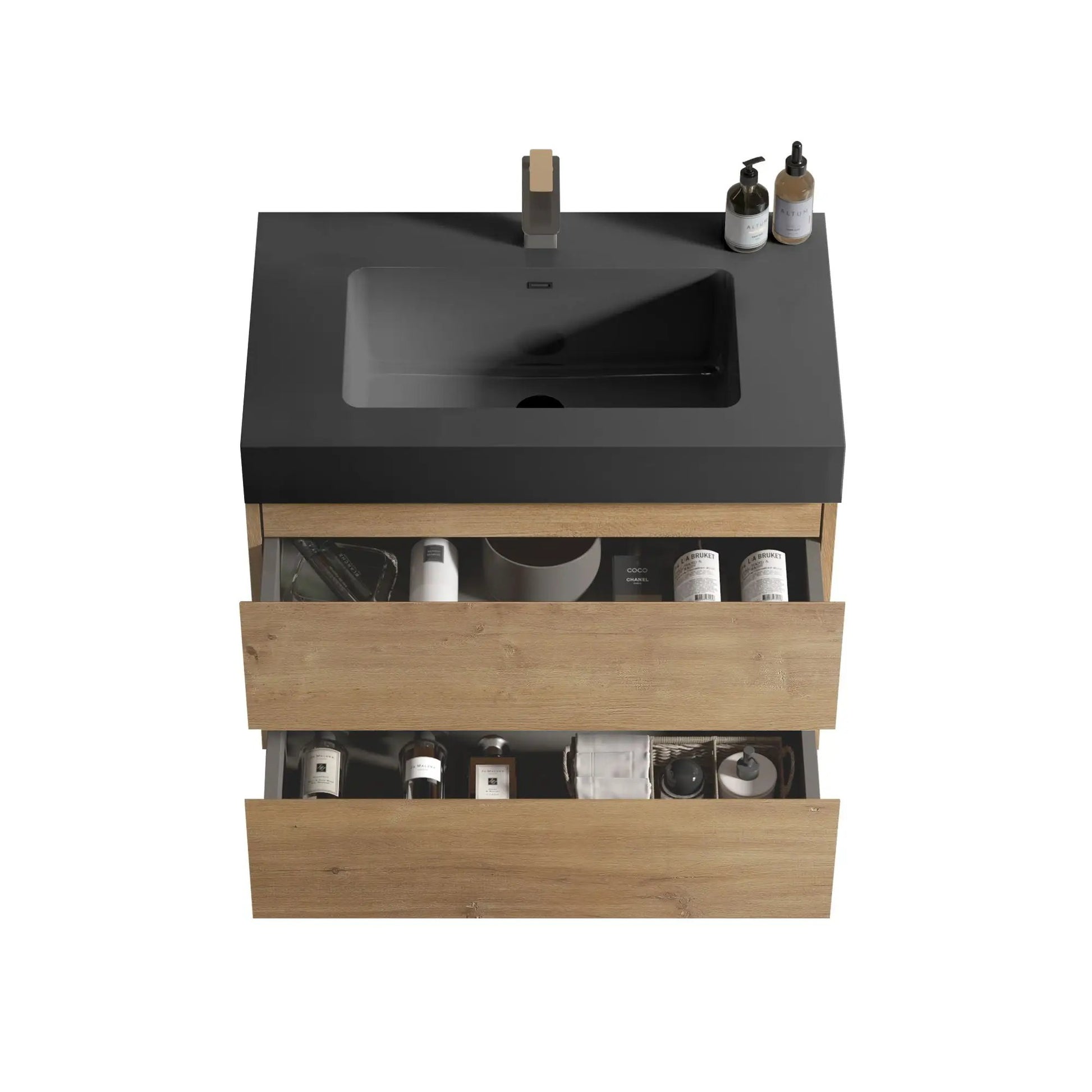 Alice natural oak wall-mounted vanity with black top and integrated sink, large storage drawers on Tampa Home & Garden Store