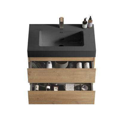 Alice natural oak wall-mounted vanity with black top and integrated sink, large storage drawers on Tampa Home & Garden Store