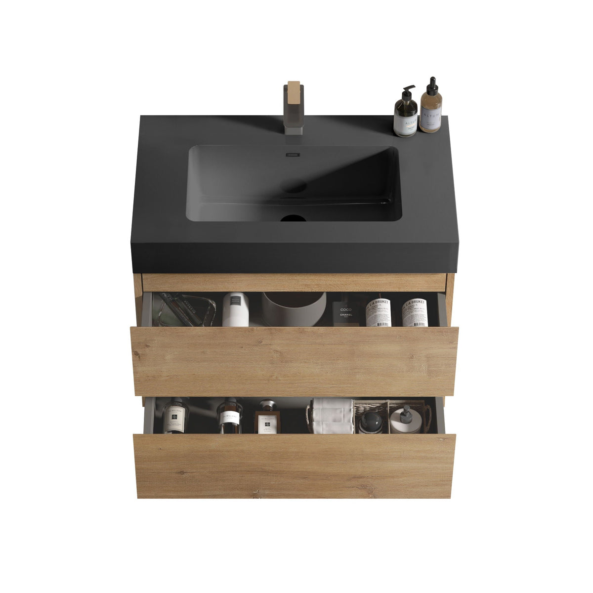 Natural Oak bathroom vanity with dark countertop and floating quartz sink by HouseOfZazla on Tampa Home & Garden Store