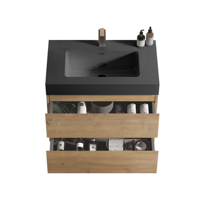 Natural Oak bathroom vanity with dark countertop and floating quartz sink by HouseOfZazla on Tampa Home & Garden Store