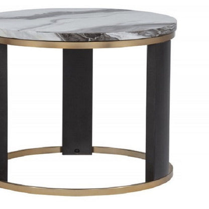 Round end table with faux marble top, gold trim, and black legs by HouseOfZazla on Tampa Home & Garden Store