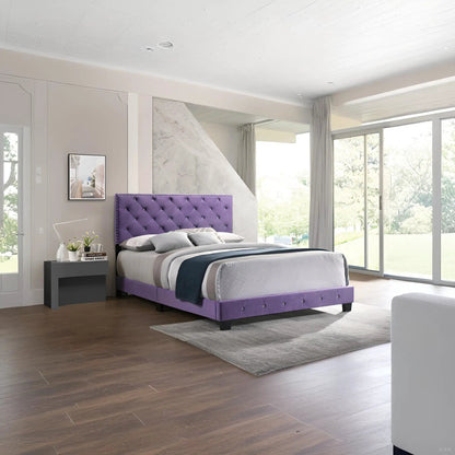 Luxurious upholstered bed with purple tufted headboard and gray bedding in a modern bedroom on Tampa Home & Garden Store