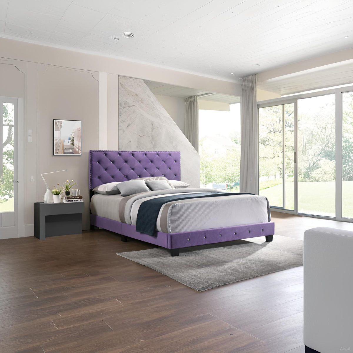 Luxurious Upholstered Bed with purple tufted headboard and frame on Tampa Home & Garden Store