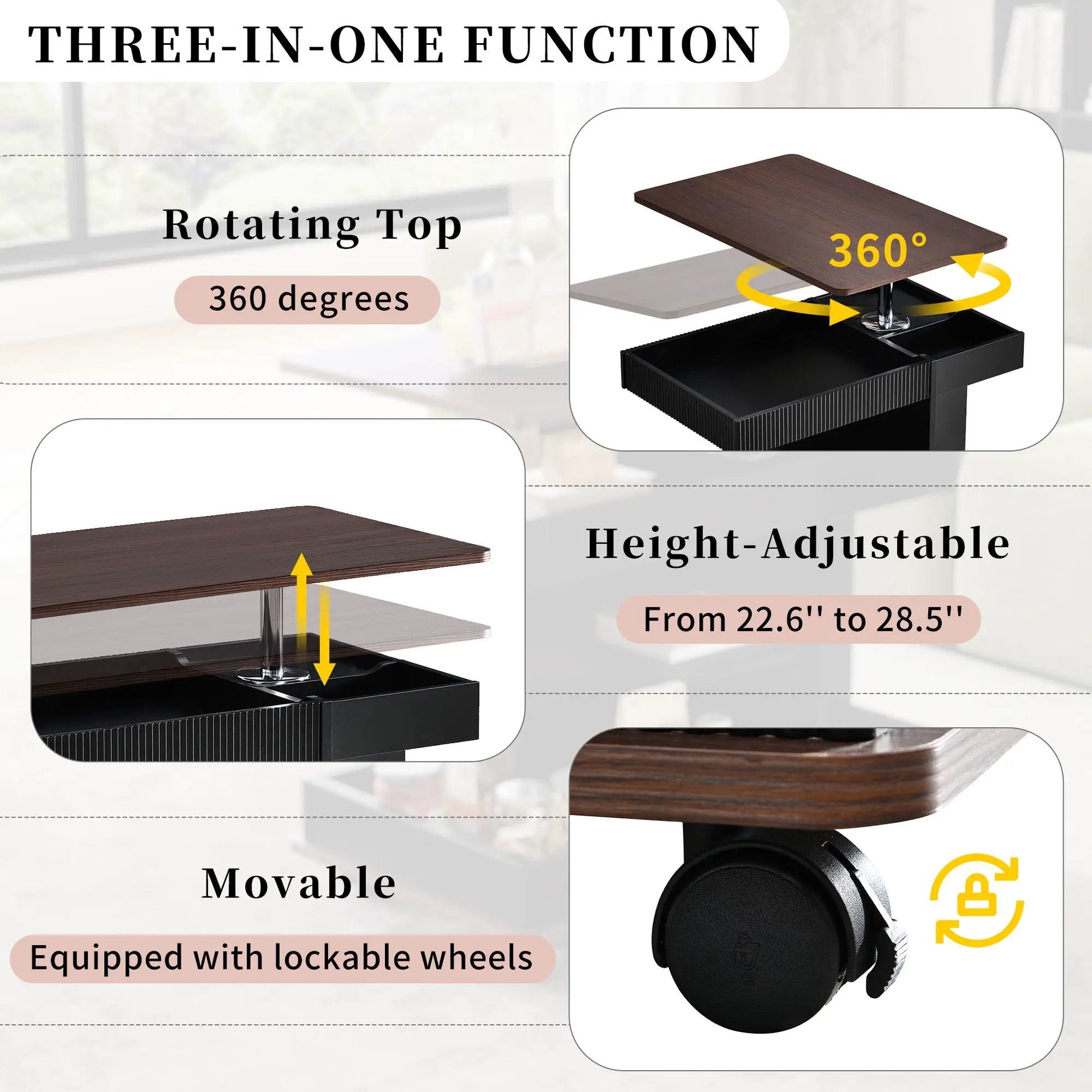 Adjustable end table with wheels, dark wood top, 360° rotating top with storage shelf on Tampa Home & Garden Store
