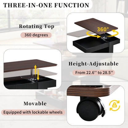 Adjustable end table with wheels, dark wood top, 360° rotating top with storage shelf on Tampa Home & Garden Store