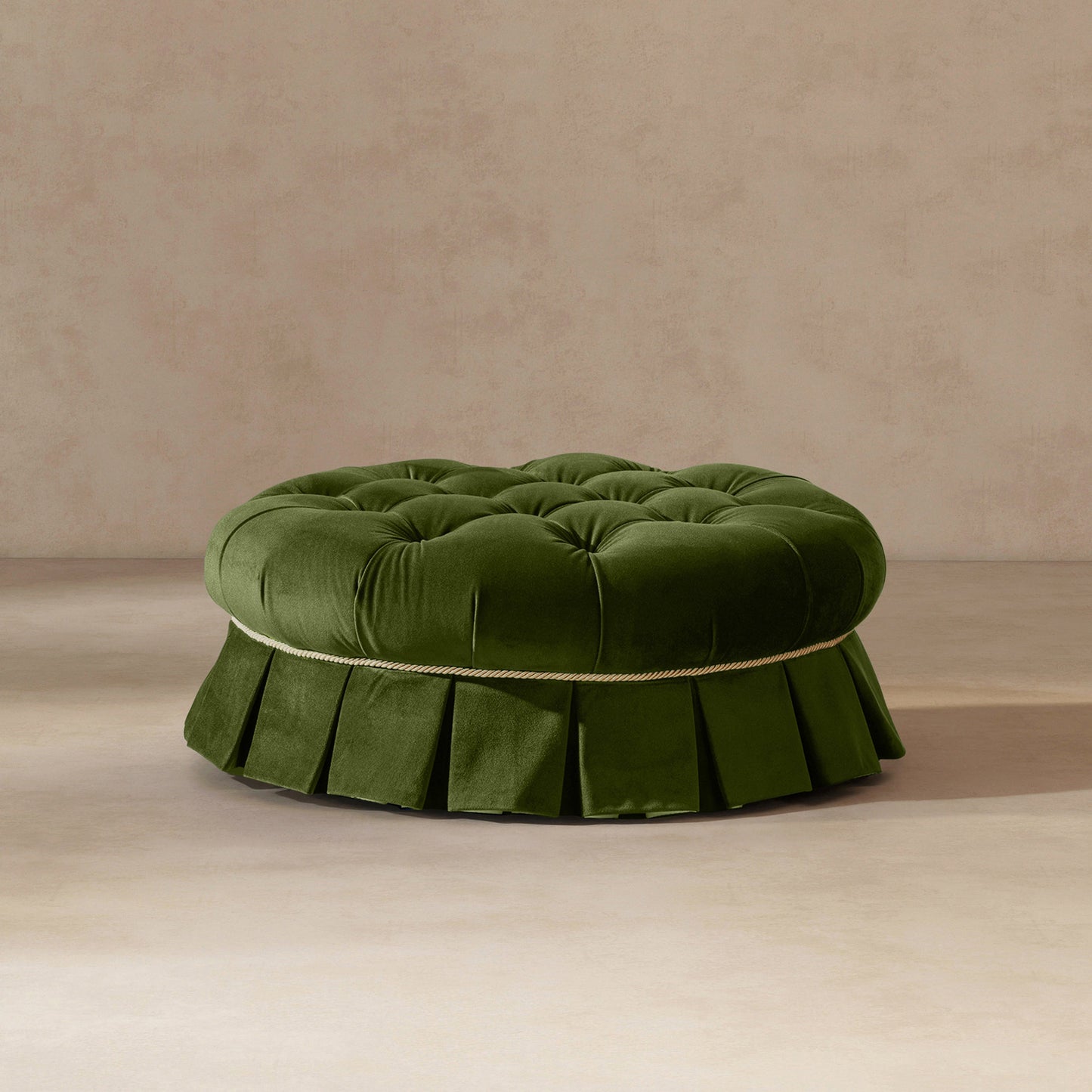 Roquefort 24.5in Dog Sofa Bed, Medium, Olive velvet tufted round pet bed with rope trim on Tampa Home & Garden Store