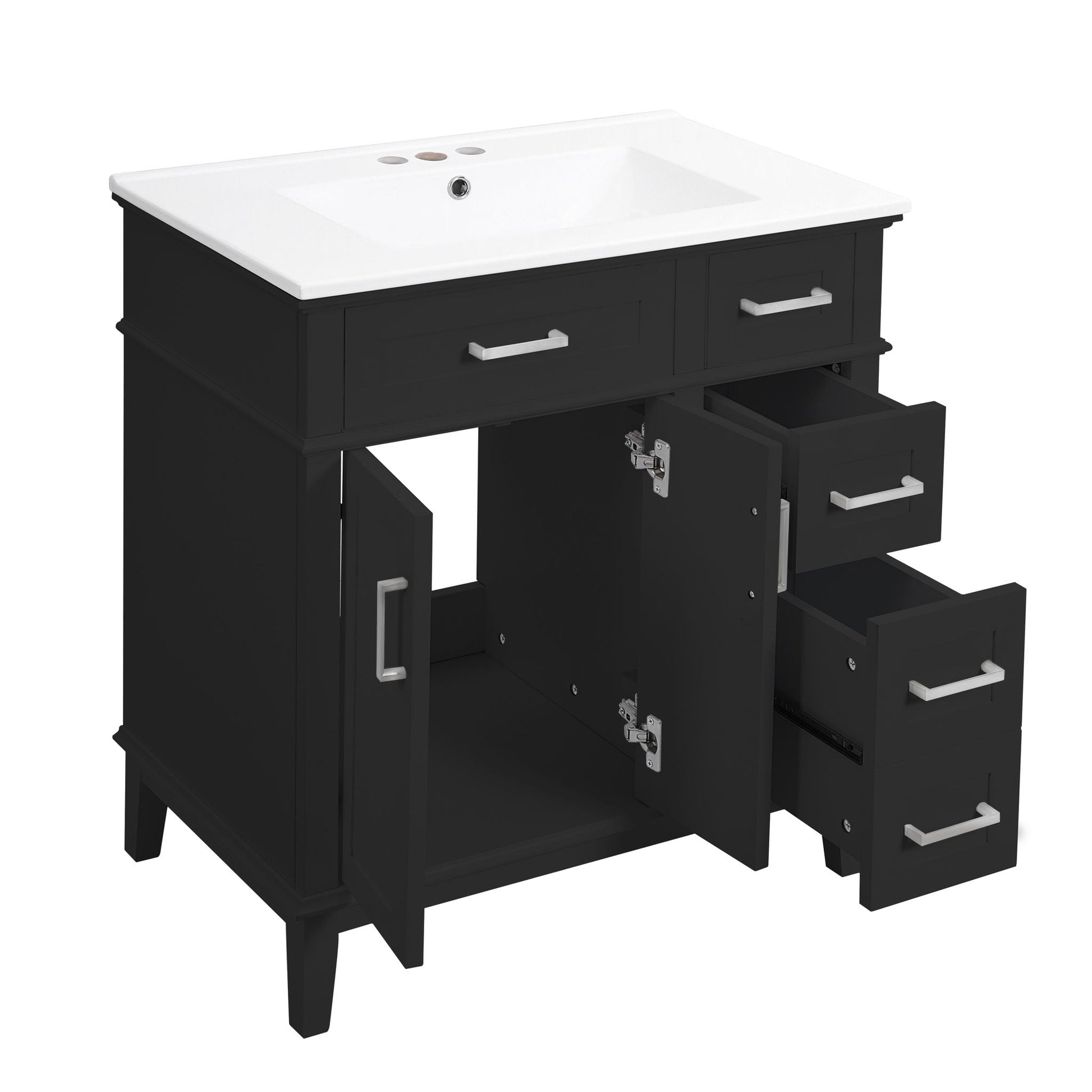 HouseOfZazla bathroom vanity with white sink, black cabinet, soft-close doors and drawers on Tampa Home & Garden Store