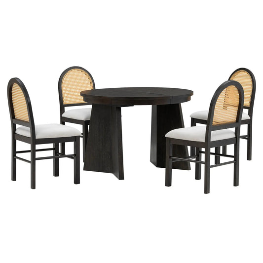 TREXM 5-Piece Retro Dining Set espresso-dark wood table with four caned-back chairs and cushions on Tampa Home & Garden Store