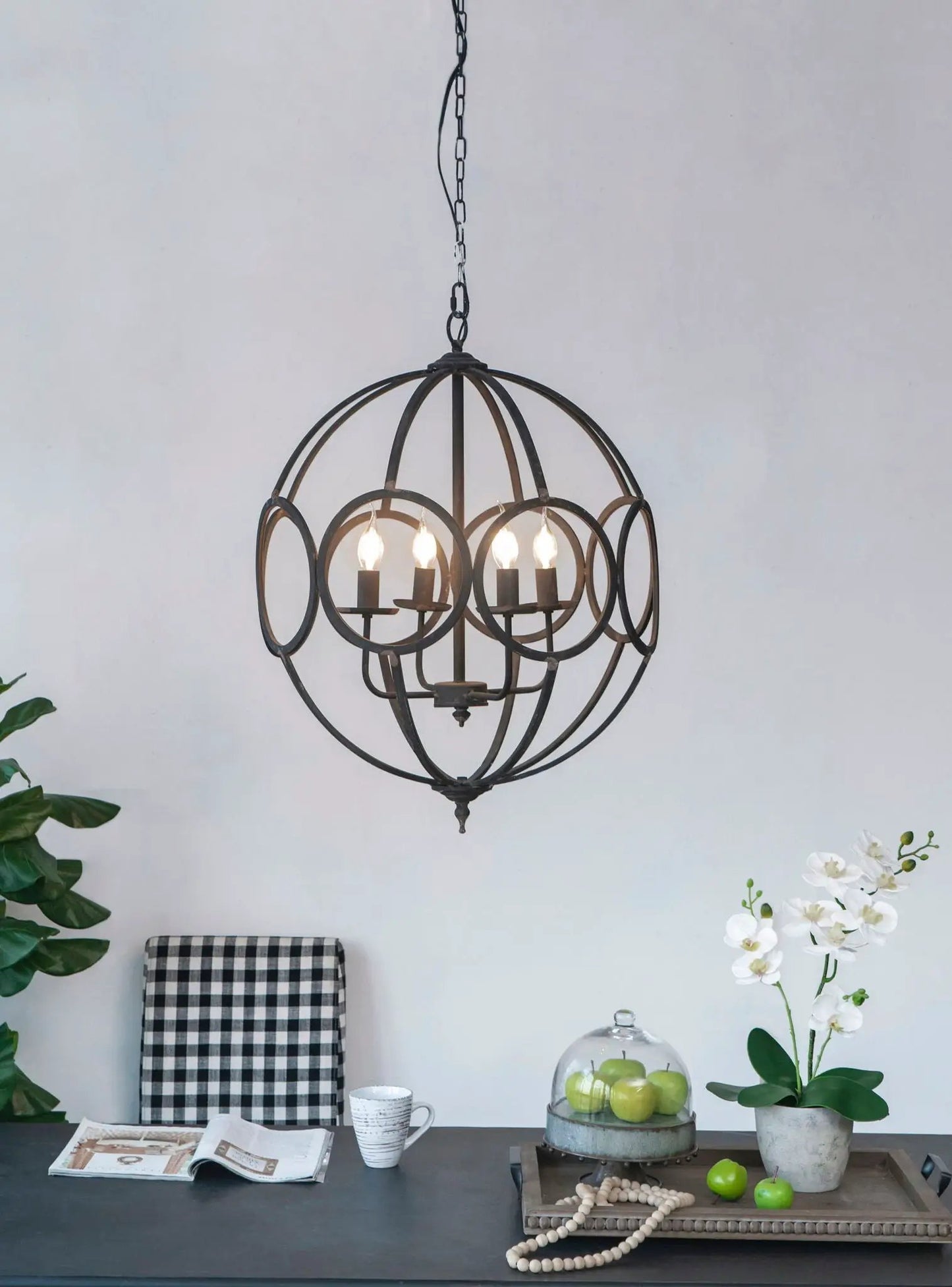 4-light black metal chandelier with circular globe frame and adjustable chain on Tampa Home & Garden Store