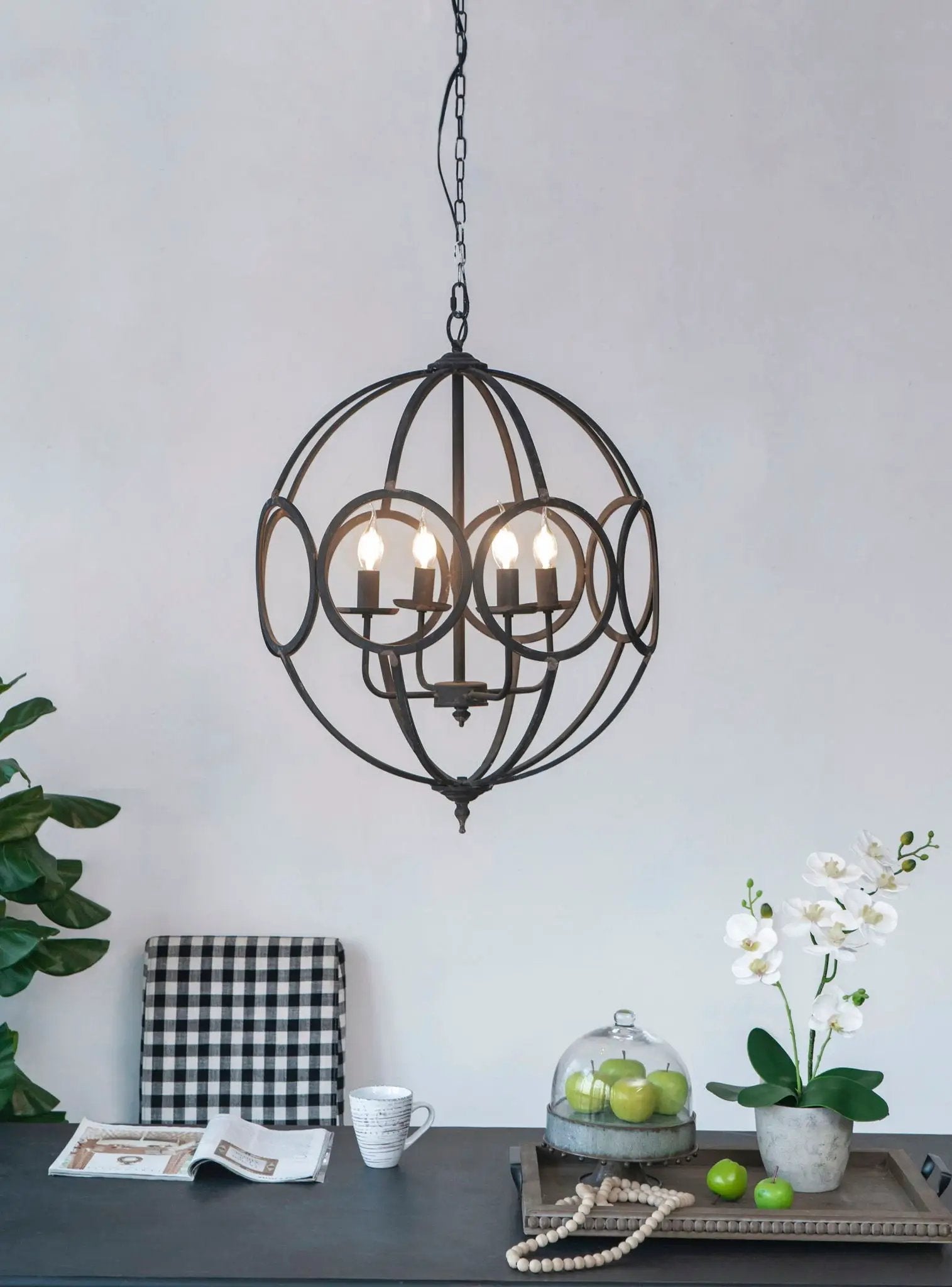 4-light black metal chandelier with circular globe frame and adjustable chain on Tampa Home & Garden Store