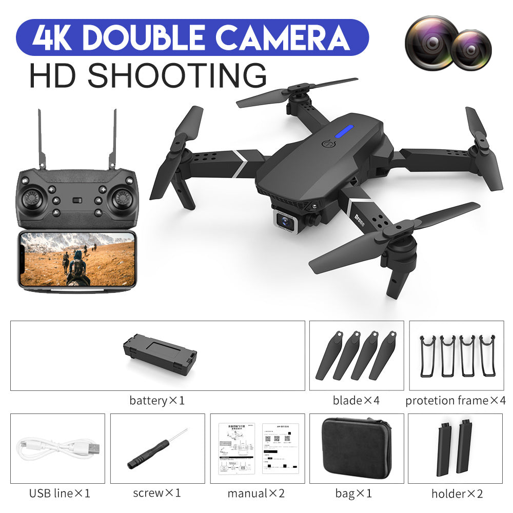 E88 drone with 4K dual camera, remote control quadcopter, black body and four propellers, plus battery and blades on Tampa Home & Garden Store