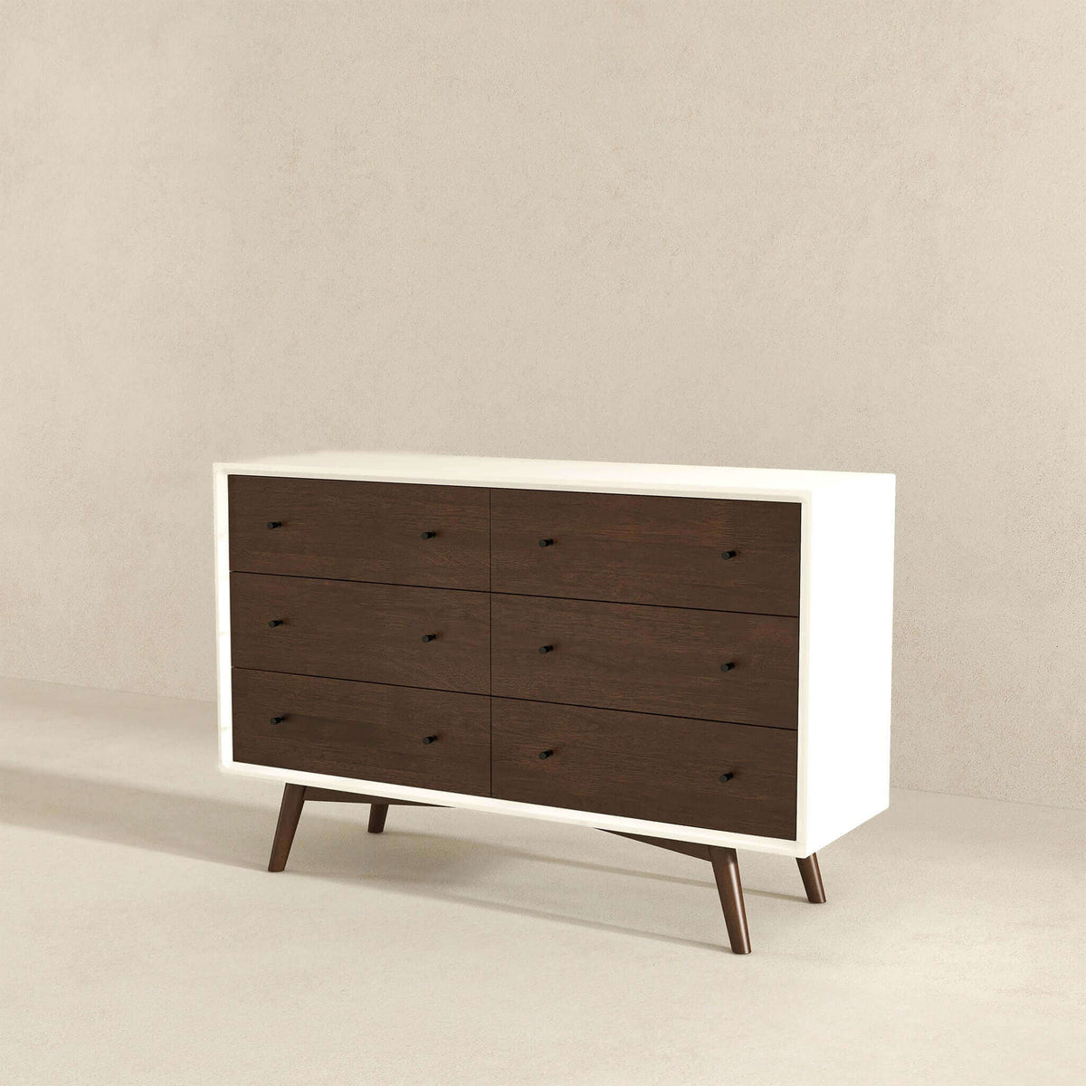 6-drawer dresser with dark brown drawers, white frame, mid-century legs on Tampa Home & Garden Store