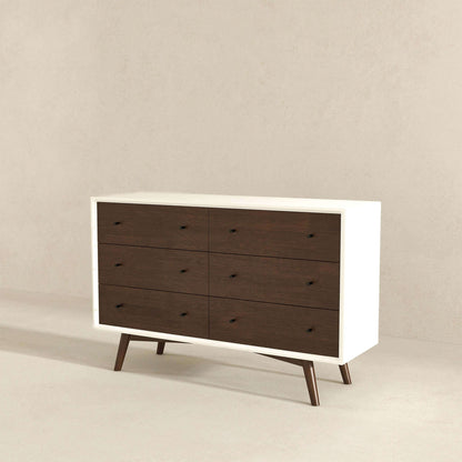 6-drawer dresser with dark brown drawers, white frame, mid-century legs on Tampa Home & Garden Store