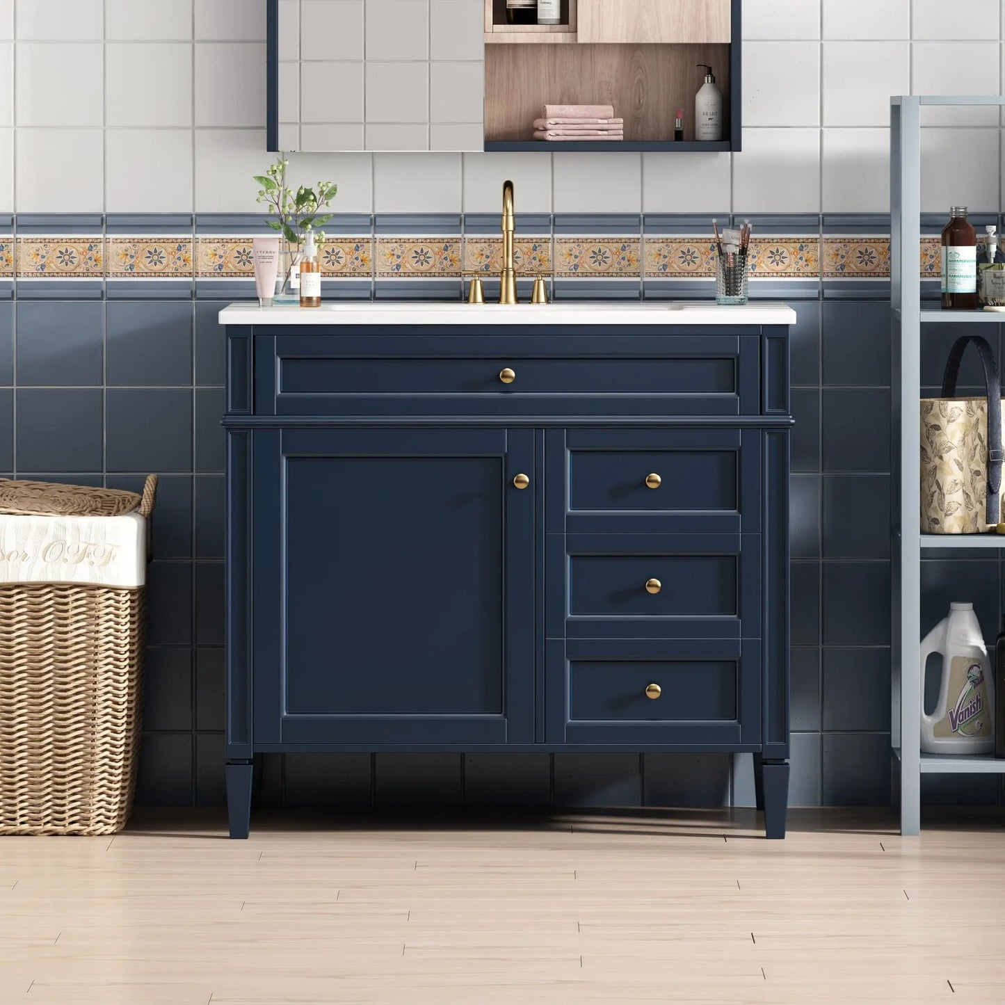 Bathroom vanity with 2 drawers and tip-out drawer in navy blue, white countertop, brass hardware on Tampa Home & Garden Store