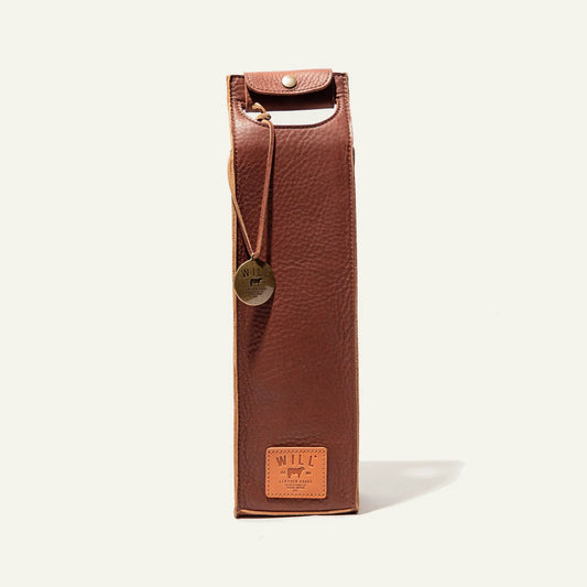 Handcrafted brown leather wine case for 750ml bottle by Will Leather Goods; brass snap on Tampa Home & Garden Store