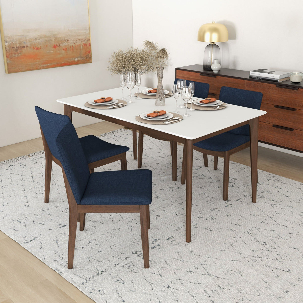 Mid-Century Modern solid wood dining chairs in blue fabric upholstery, six chairs on Tampa Home & Garden Store
