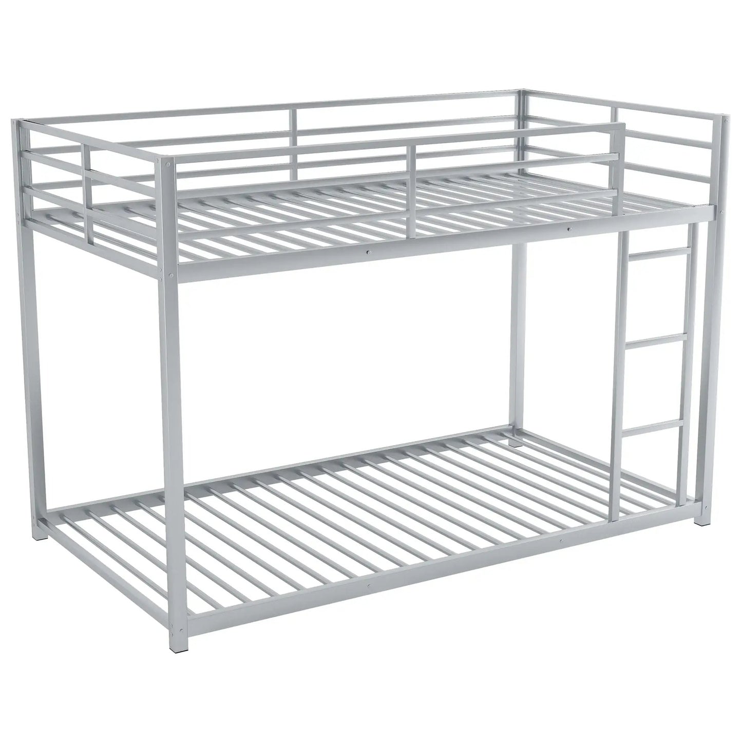 Low metal bunk bed frame with ladder, silver finish and slatted rails on Tampa Home & Garden Store