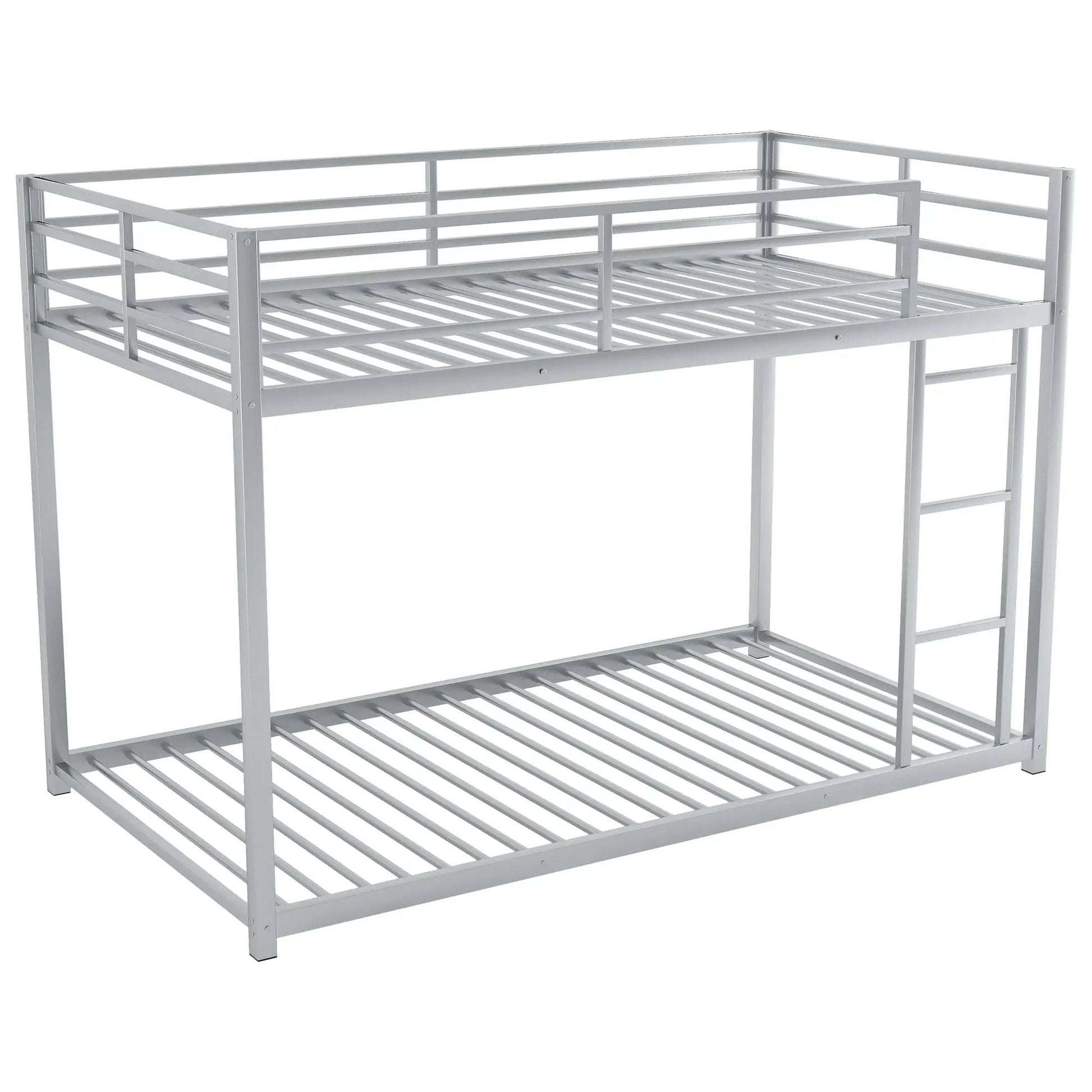 Low metal bunk bed frame with ladder, silver finish and slatted rails on Tampa Home & Garden Store
