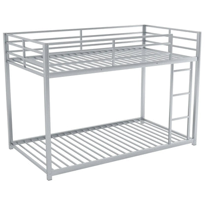 Low metal bunk bed frame with ladder, silver finish and slatted rails on Tampa Home & Garden Store
