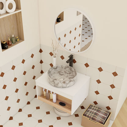 Floating vanity with marble vessel sink in white, open shelf, round mirror, HouseOfZazla on Tampa Home & Garden Store