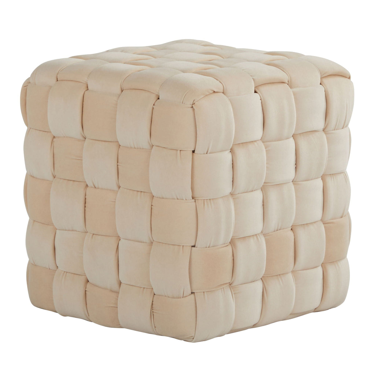Square braided ottoman in beige fabric with chunky braided panels, accent rectangle ottoman on Tampa Home & Garden Store