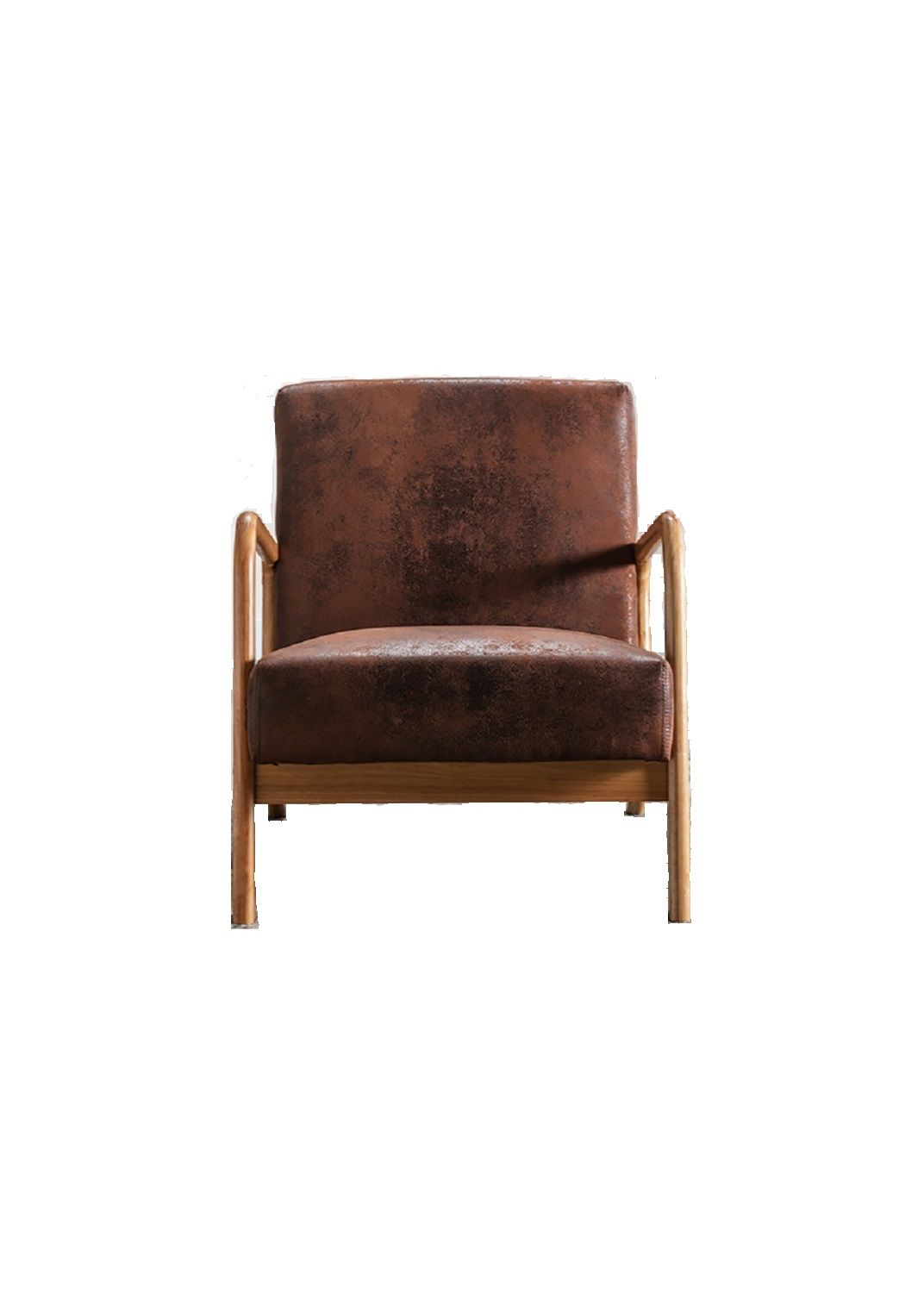 Mid-Century Modern Arm Chair by HouseOfZazla with open wood frame and brown leather cushions on Tampa Home & Garden Store
