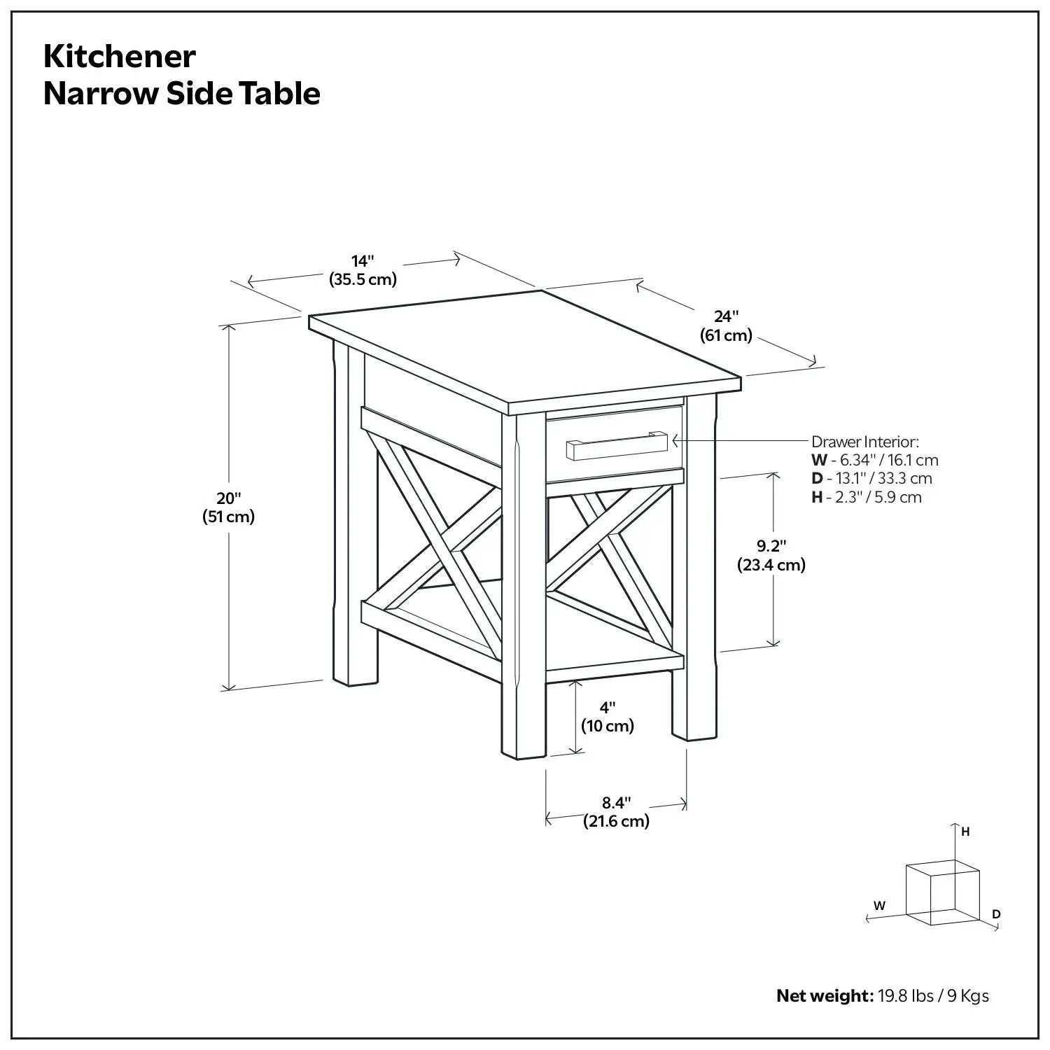Kitchener Narrow Side Table, Unique Piece Furniture console with drawer and X-brace legs on Tampa Home & Garden Store
