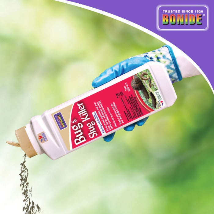Bonide Bug & Slug Killer liquid and granular pesticide bottle held by gloved hand on Tampa Home & Garden Store