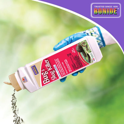 Bonide Bug & Slug Killer liquid and granular pesticide bottle held by gloved hand on Tampa Home & Garden Store