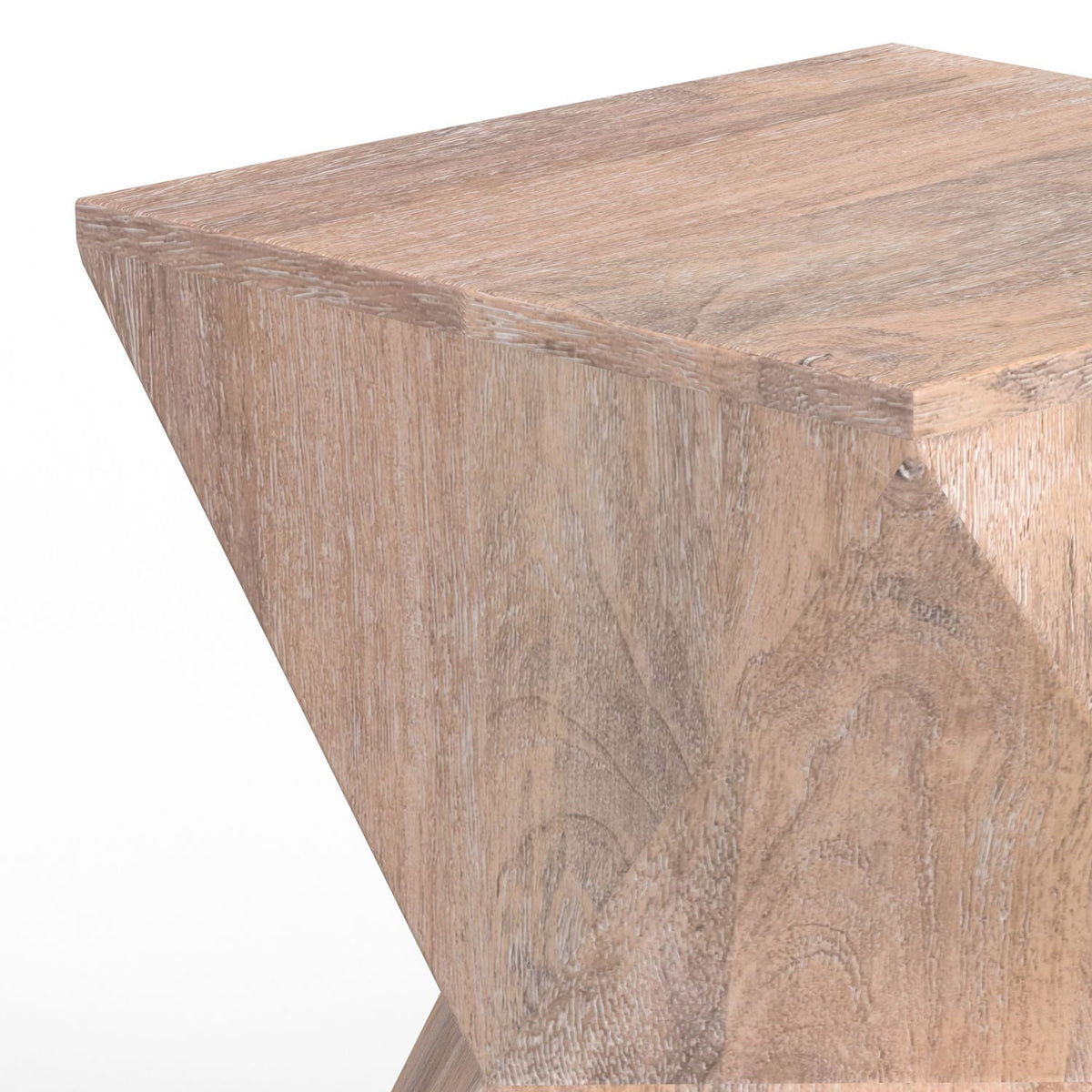 Natural mango wood side table with modern geometric design, light wood grain on Tampa Home & Garden Store