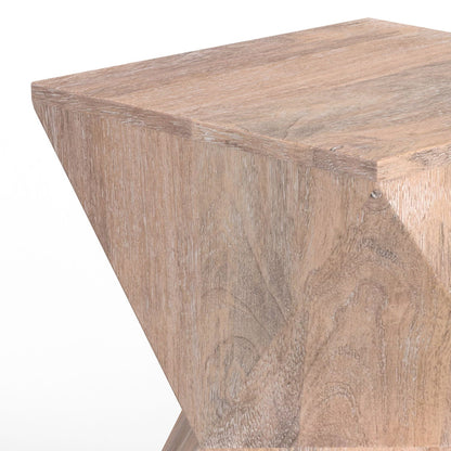 Natural mango wood side table with modern geometric design, light wood grain on Tampa Home & Garden Store