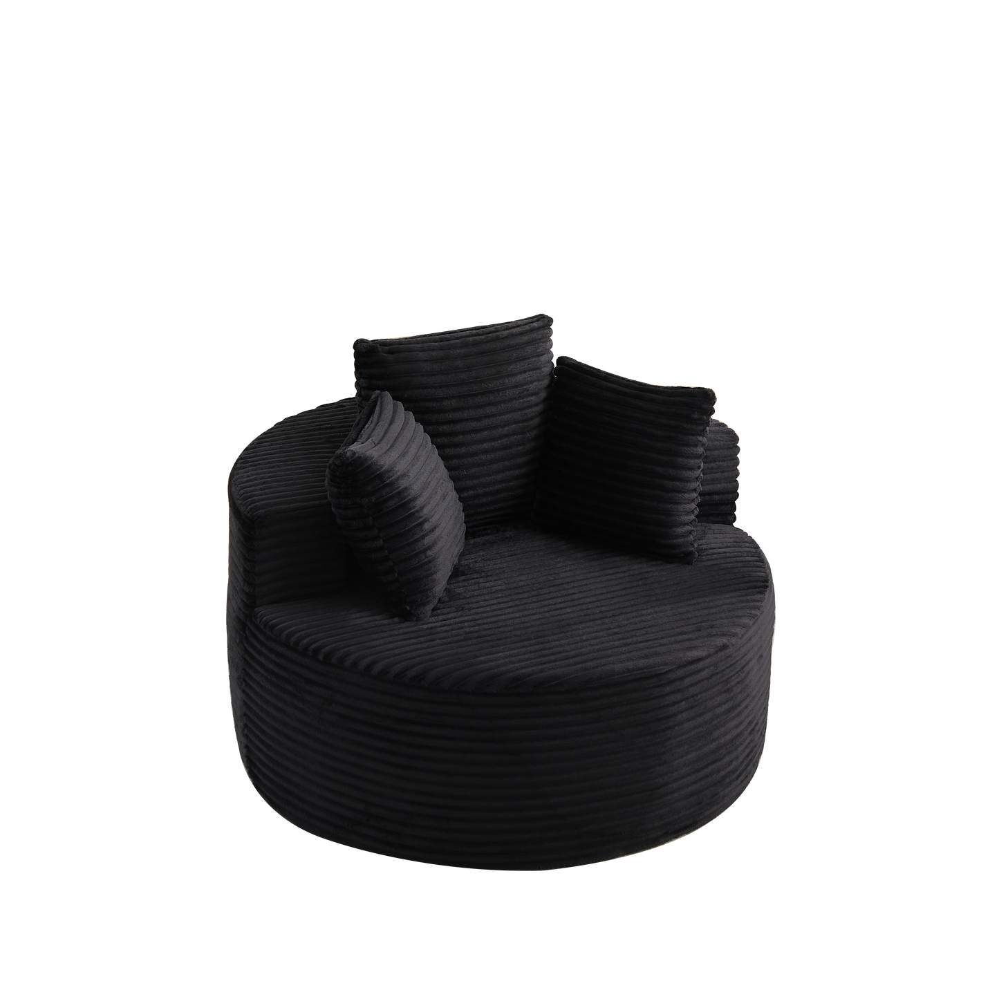 43-Inch round corduroy sofa cushions in black fabric, ribbed texture, stacked on Tampa Home & Garden Store