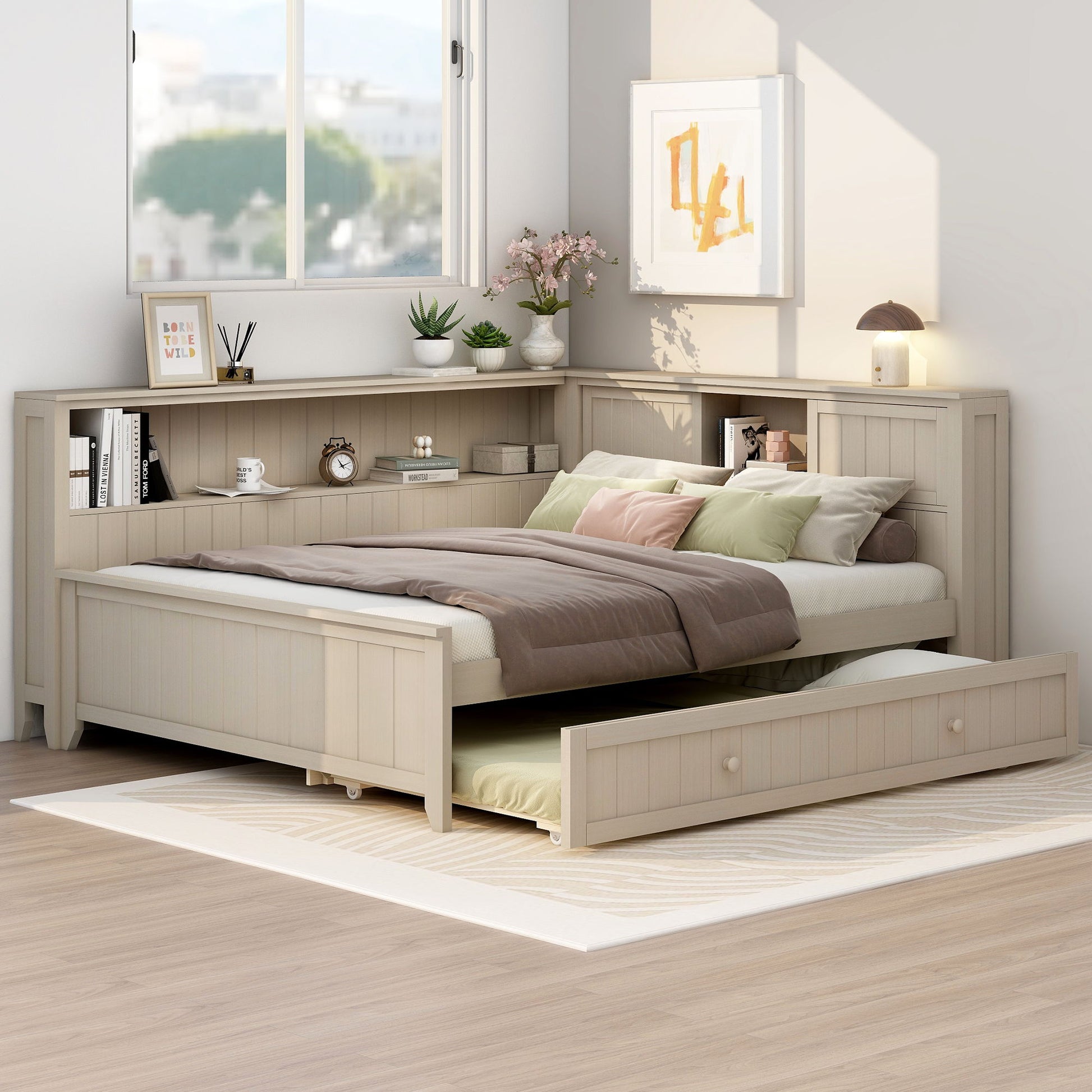 Full size daybed with storage shelves and trundle in ancient white HouseOfZazla built-in drawers on Tampa Home & Garden Store