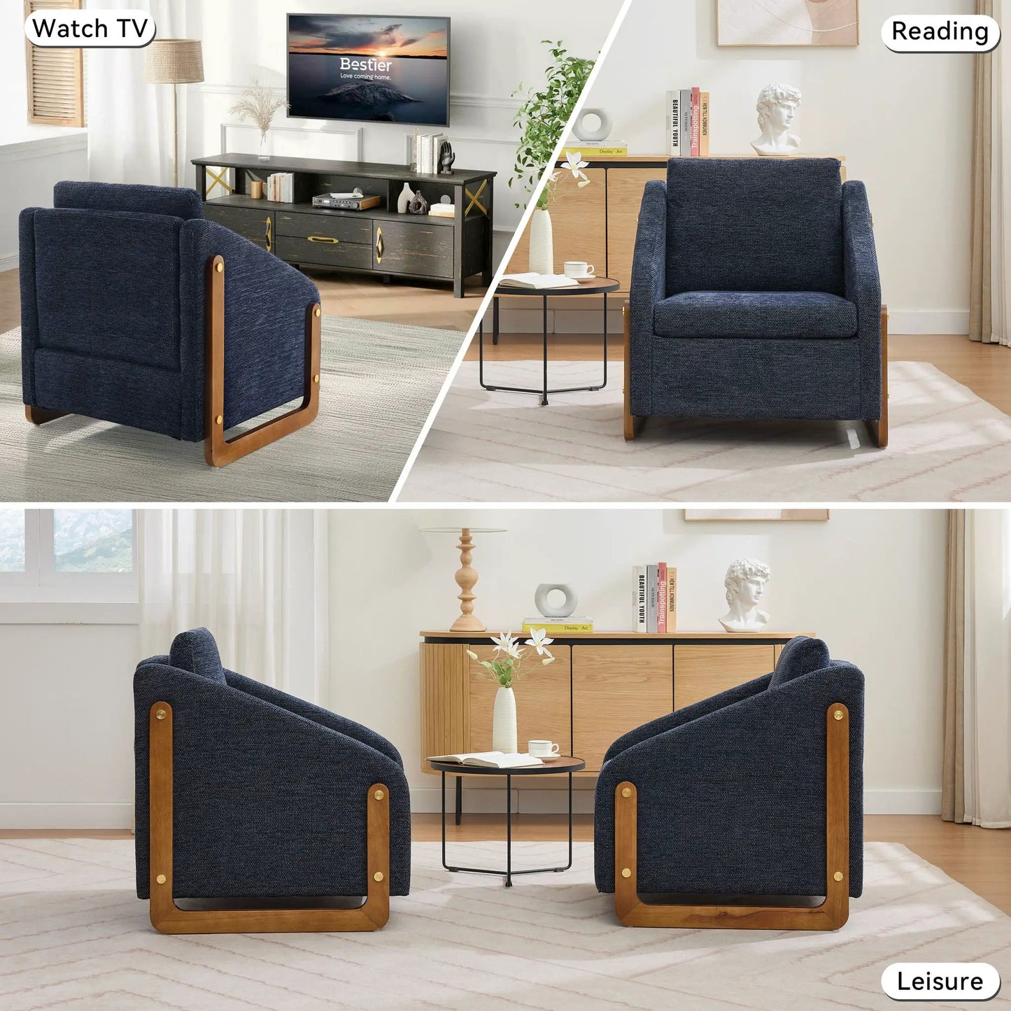 Modern Upholstered Armchair With Wooden Side Frame pair, navy blue fabric, solid wood base on Tampa Home & Garden Store