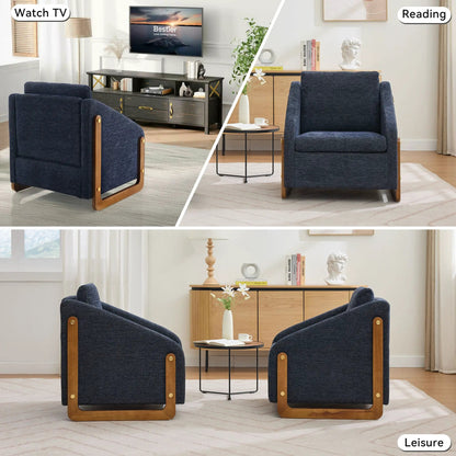 Modern Upholstered Armchair With Wooden Side Frame pair, navy blue fabric, solid wood base on Tampa Home & Garden Store