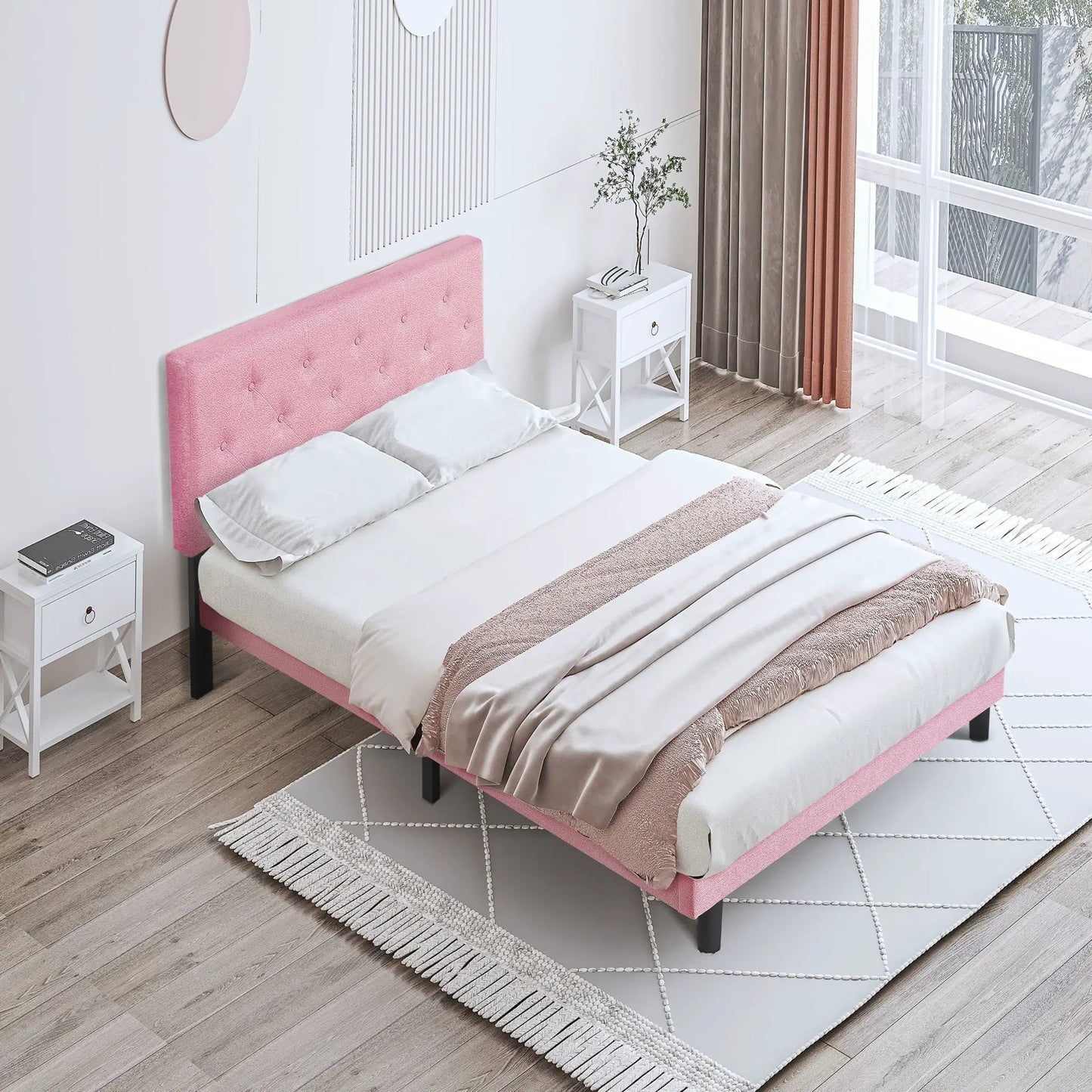 Modern Upholstered Platform Bed Tufted Headboard