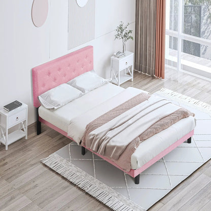 Modern Upholstered Platform Bed Tufted Headboard