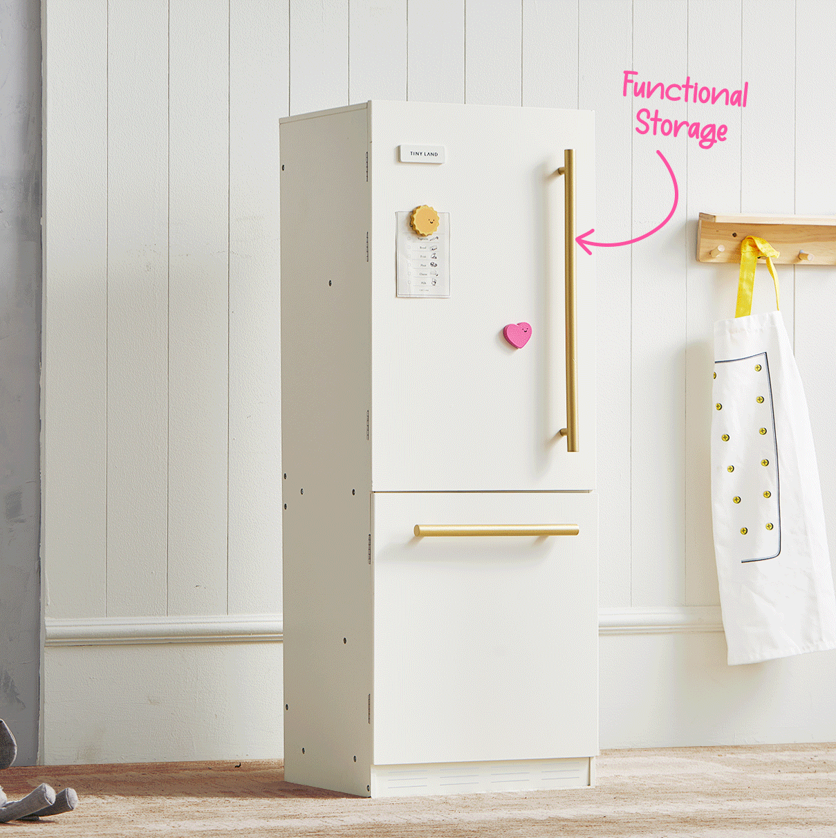 Tiny Land INC white wooden play kitchen fridge with gold handles on Tampa Home & Garden Store
