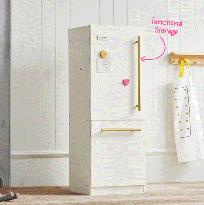 Tiny Land INC white wooden play kitchen fridge with gold handles on Tampa Home & Garden Store
