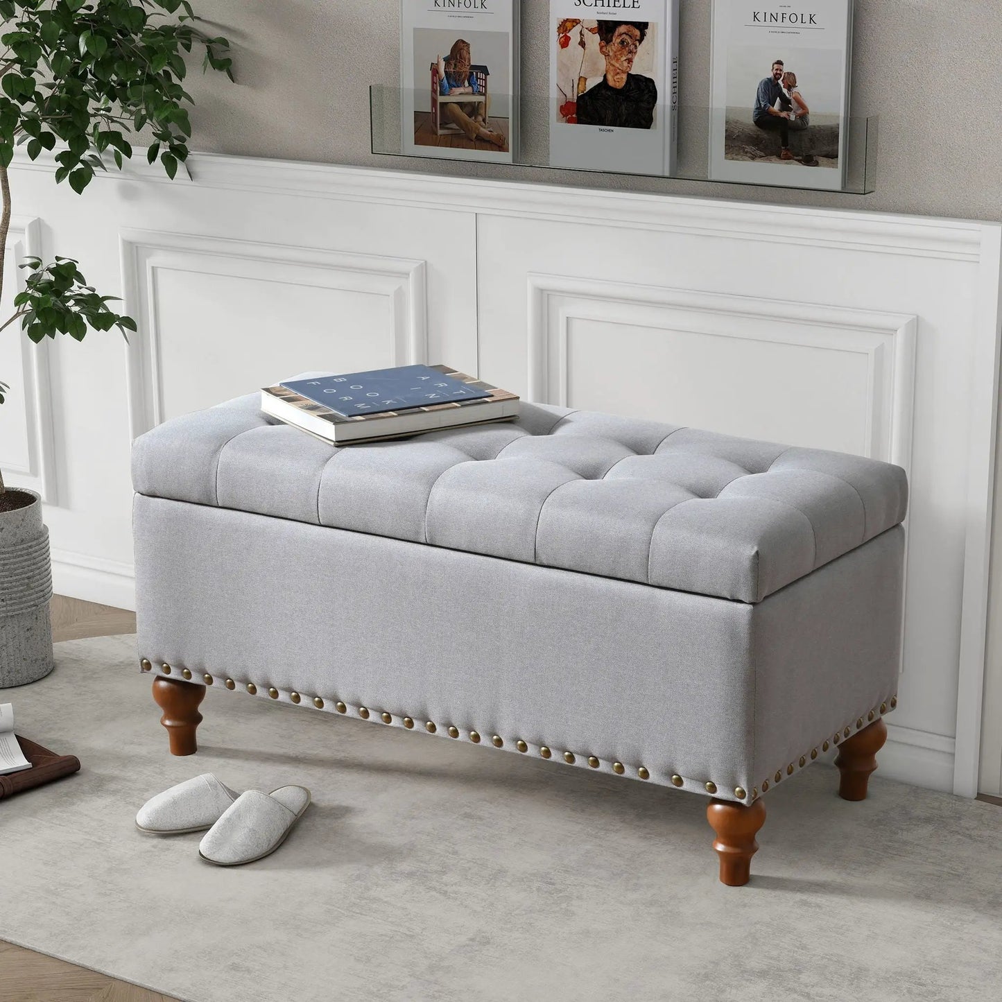 Upholstered Ottoman with Storage and Rivet Trim