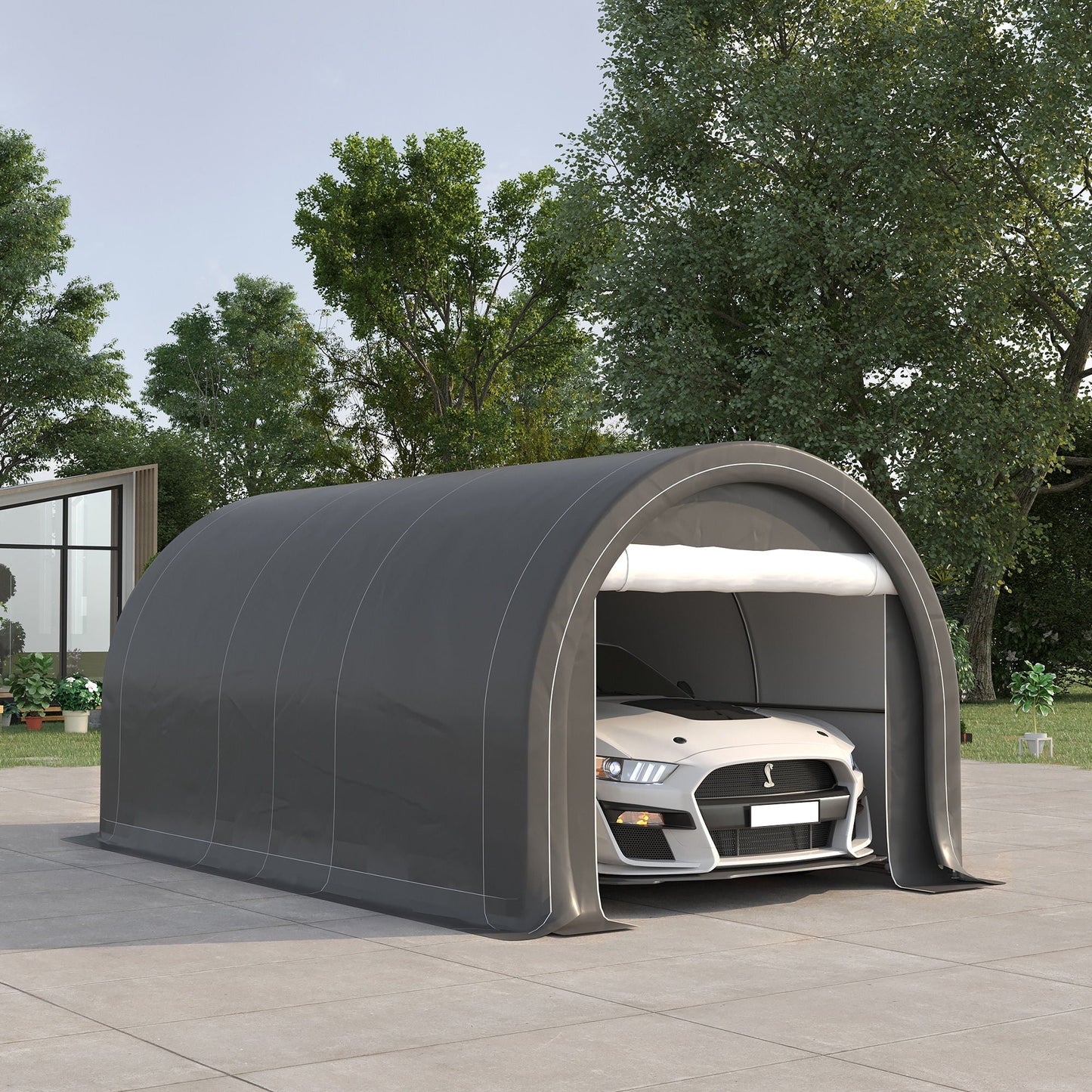 Outsunny 10' x 16' carport tent with dark gray PE canopy and large zipper door portable garage on Tampa Home & Garden Store